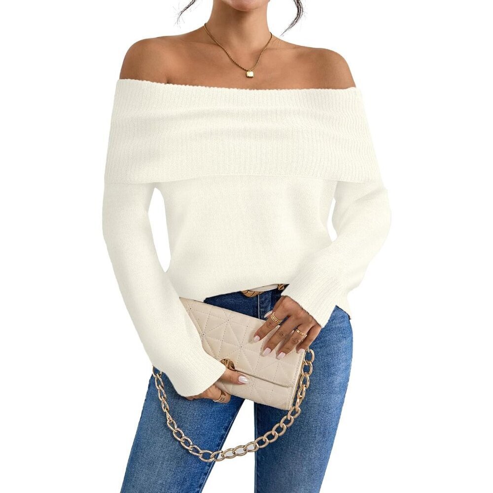 Women's Off-the-Shoulder Ribbed Sweater Slim Fit Casual Dressy Top